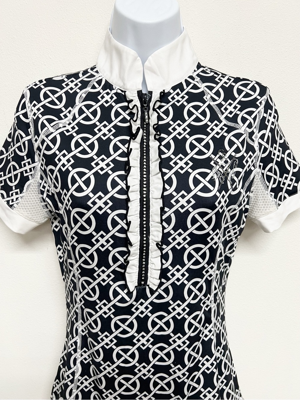 Goode Rider Womens Black Patterened Ideal Show Ruffle Half Zip Shirt Size XS - Picture 2 of 12